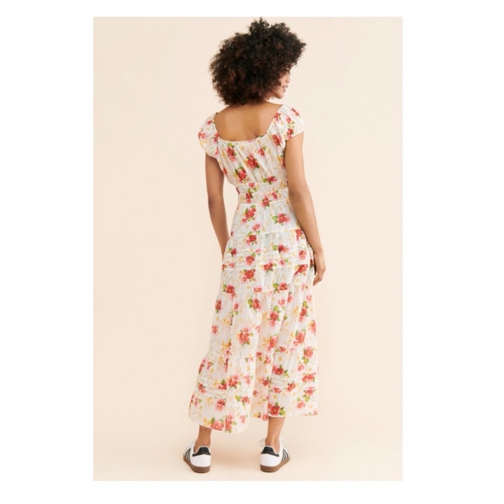 New! LoveShackFancy Magdalene Floral Ruffle Cotton Midi Dress in Pink Hibiscus - Picture 3 of 16
